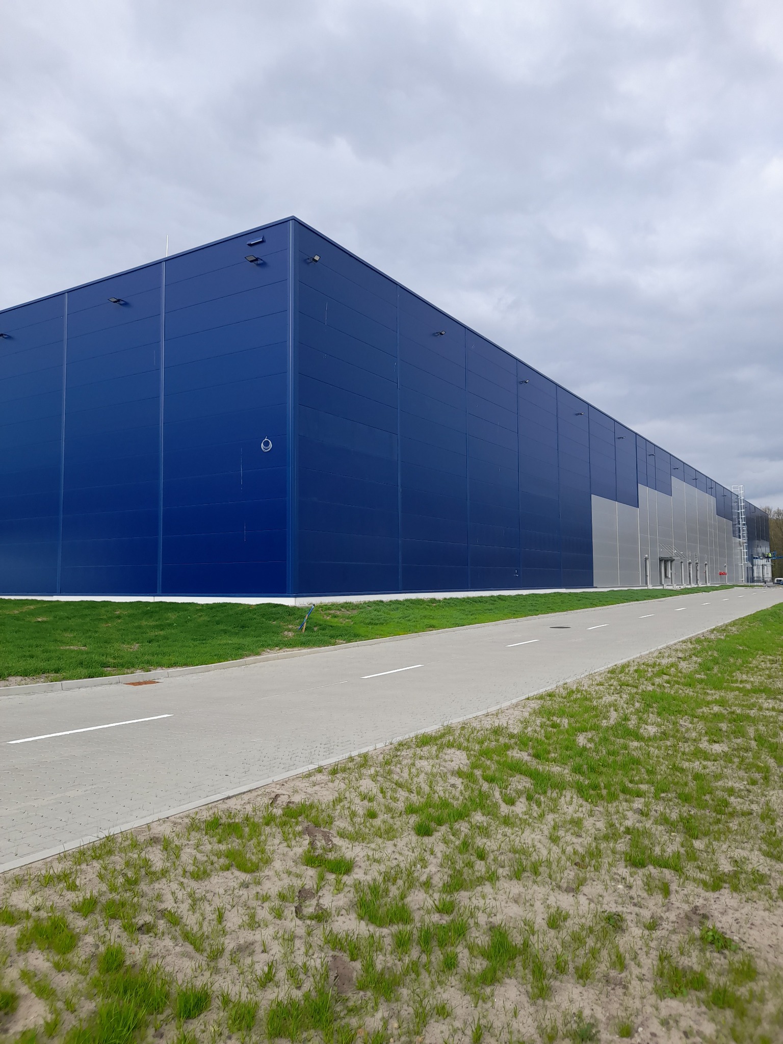 Nowoczesna hala magazynowa z niebieskimi panelami elewacyjnymi, widoczna z poziomu gruntu, z szarą drogą dojazdową i zielonym trawnikiem, pochmurne niebo w tle.