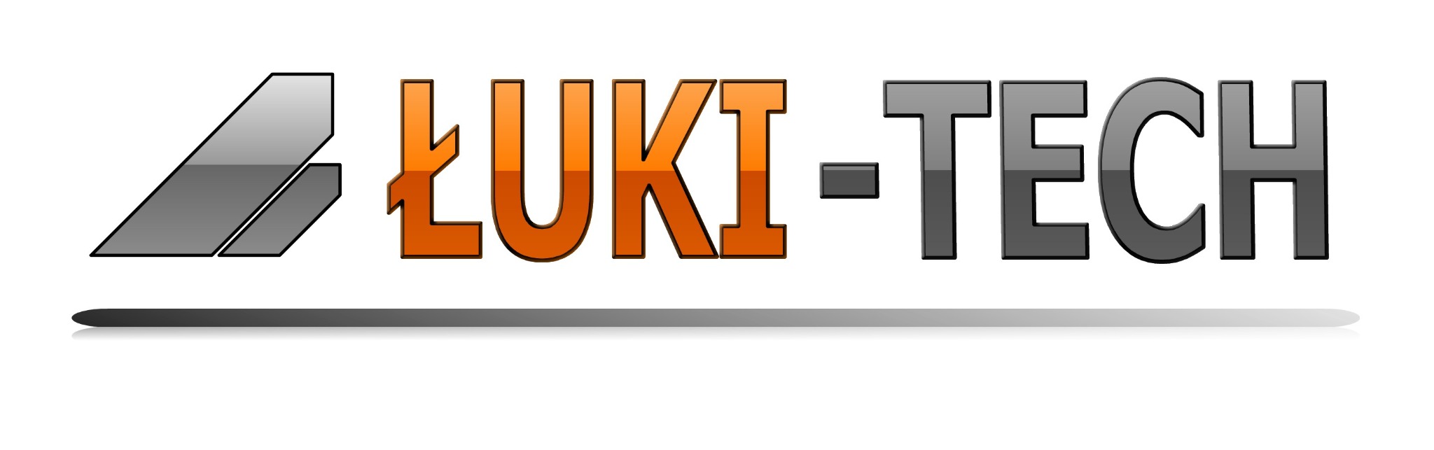Logo firmy ŁUKI-TECH z geometrycznym symbolem i gradientem szarości oraz pomarańczowymi literami na białym tle, z cieniem.