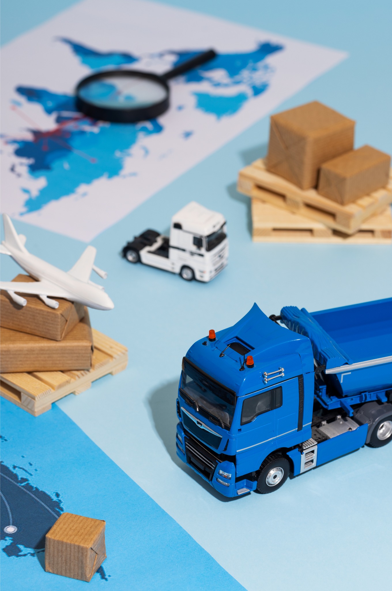Niebieska ciężarówka-zabawka na tle mapy świata, z miniaturami samolotu, białej ciężarówki i palet z kartonami, sugerująca globalny zasięg usług transportowych.