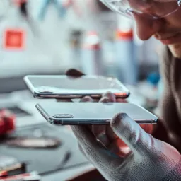 Technik w okularach ochronnych trzyma dwa smartfony iPhone, prawdopodobnie podczas diagnostyki lub naprawy, widoczne narzędzia na stole warsztatowym.