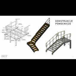 Model 3D podestu i schodów stalowych z oznaczeniami elementów konstrukcyjnych i specyfikacją śrub, widok izometryczny.
