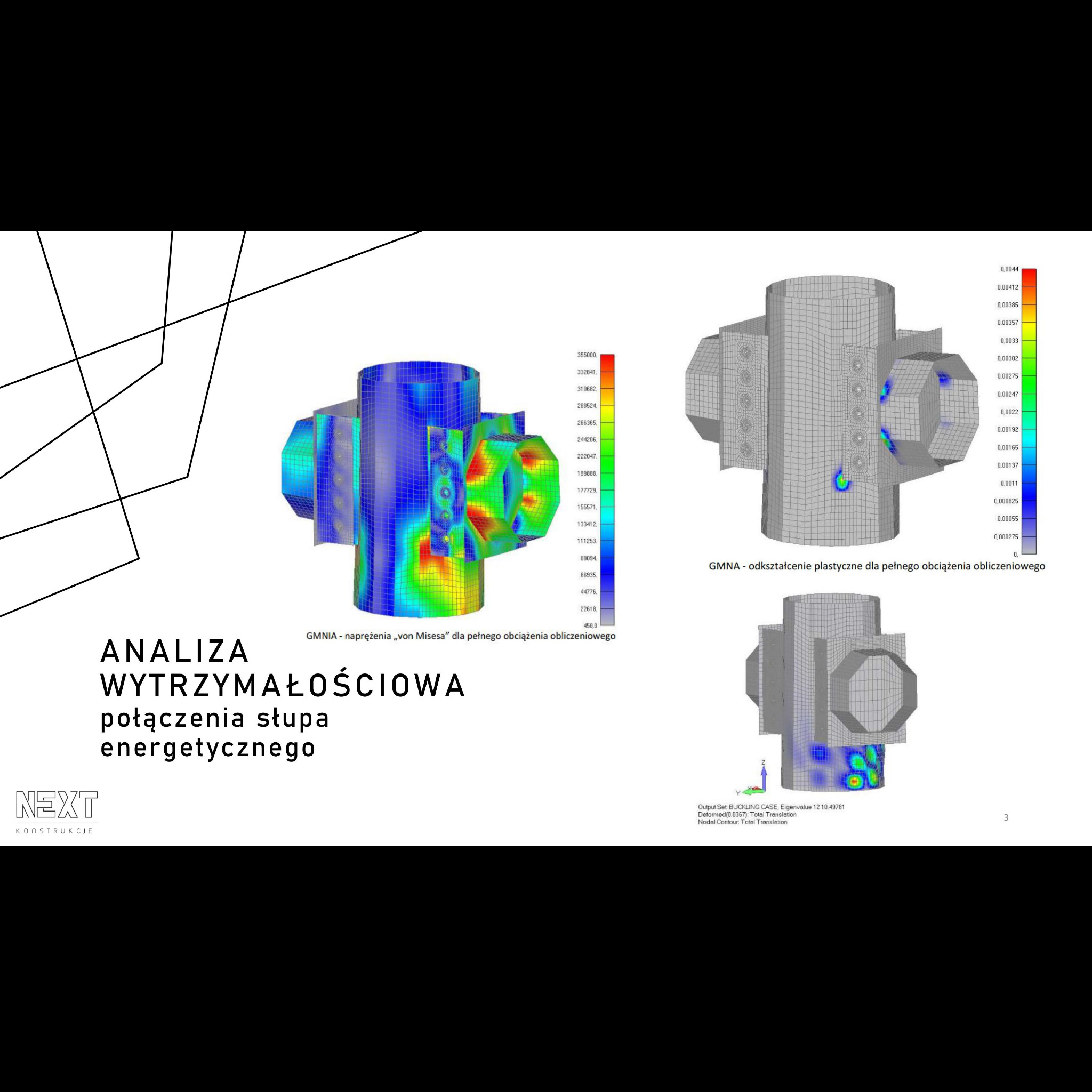 Graficzna analiza wytrzymałościowa połączenia słupa energetycznego, prezentująca naprężenia von Misesa i odkształcenia plastyczne pod pełnym obciążeniem obliczeniowym, wykonana metodą elementów...