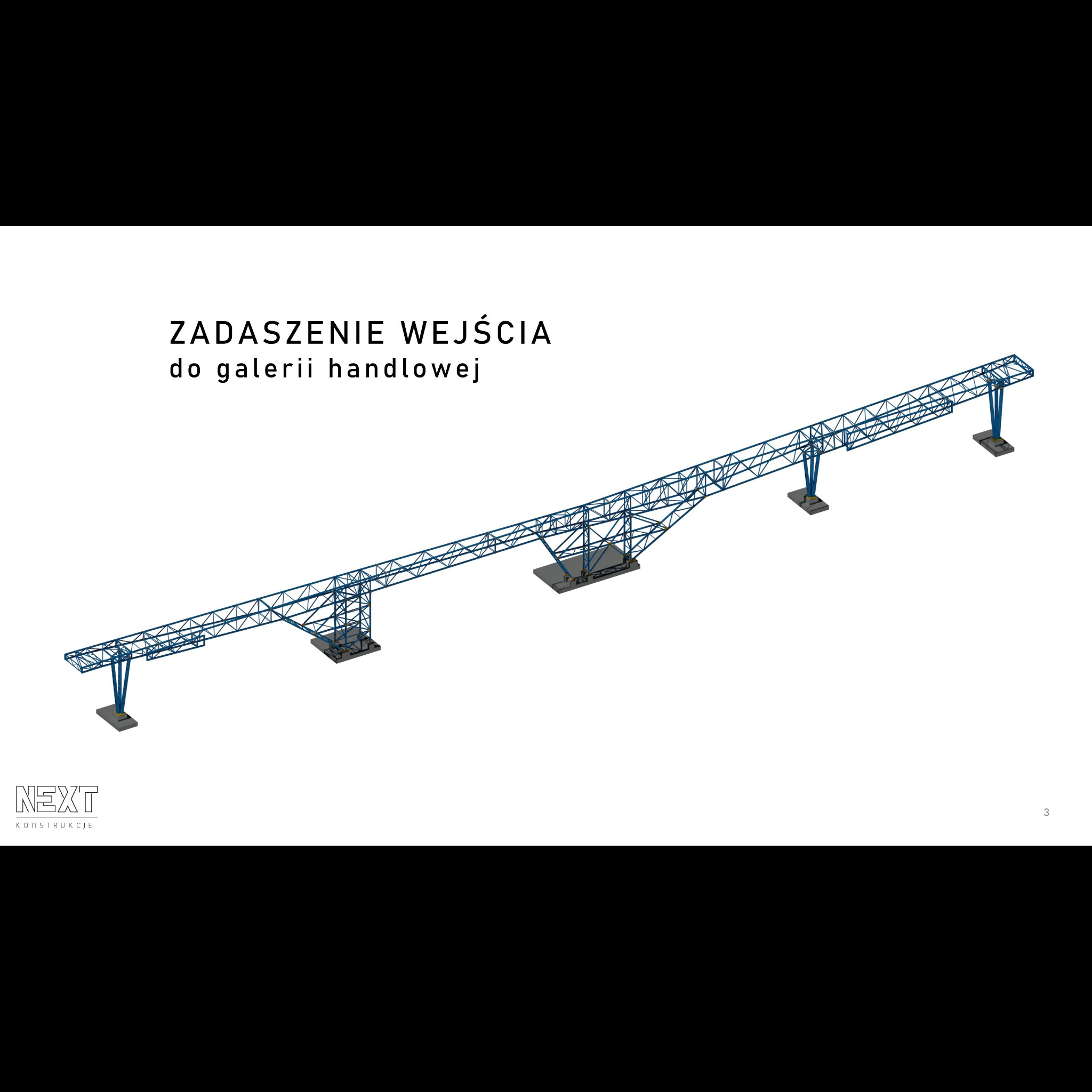 Wizualizacja 3D zadaszenia wejścia do galerii handlowej, konstrukcja stalowa kratowa na słupach, widok z góry.