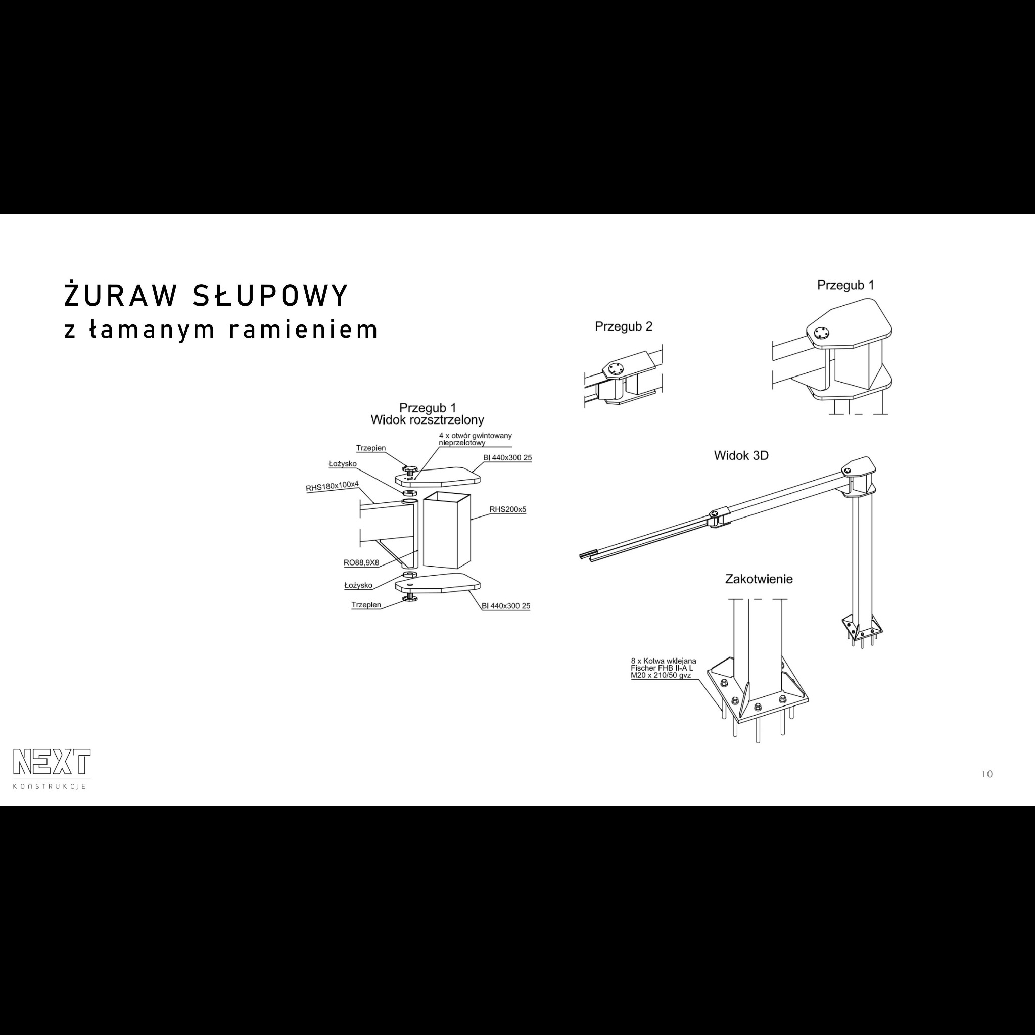 Rzut techniczny żurawia słupowego z łamanym ramieniem, widok 3D i rozstrzelony przegub z oznaczeniami elementów.