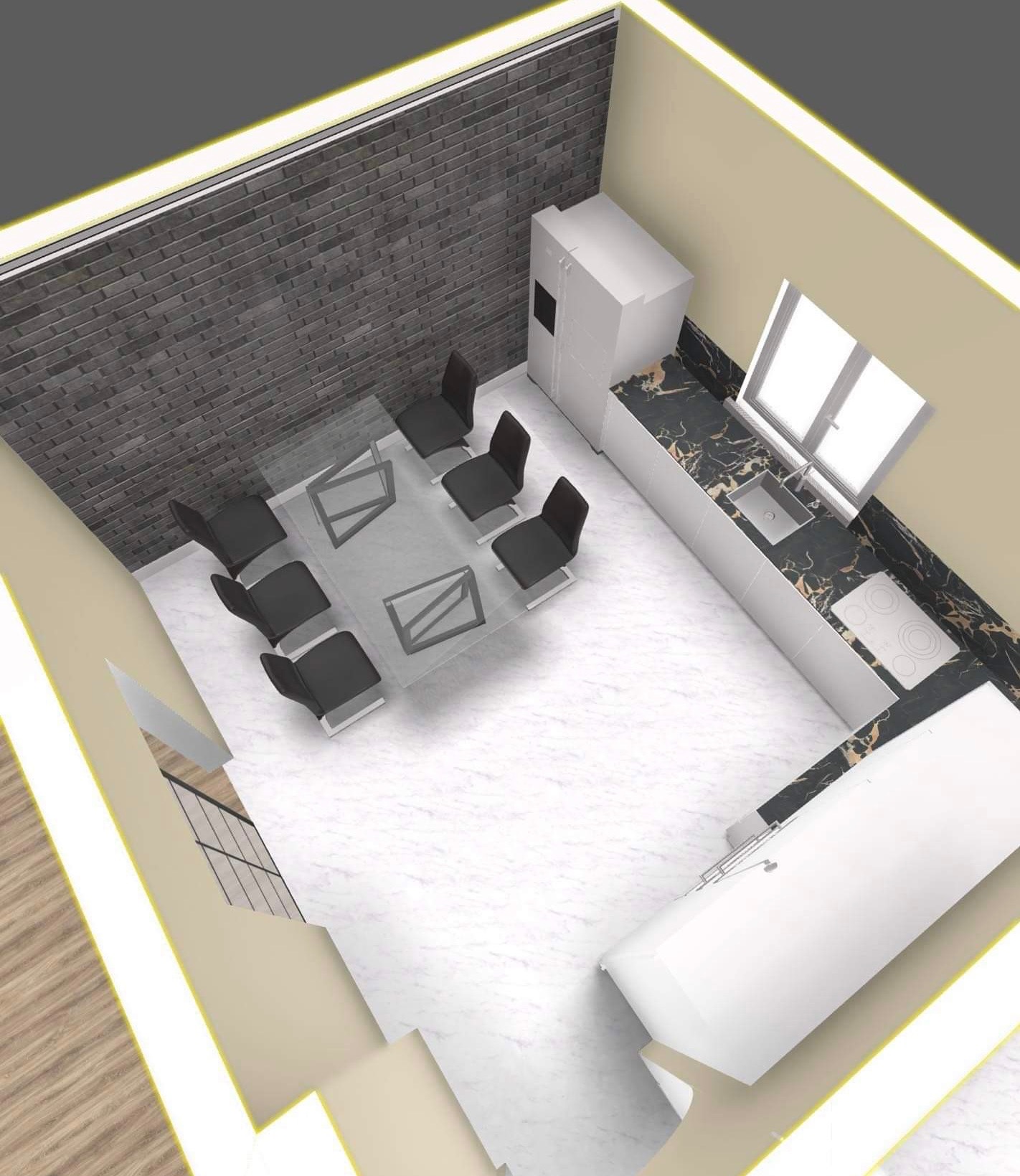 Wizualizacja 3D kuchni z jadalnią z perspektywy z góry, ukazująca szklany stół z sześcioma krzesłami, białe szafki kuchenne z czarnym blatem imitującym marmur oraz ścianę z cegły w odcieniach...