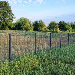 Nowoczesne ogrodzenie panelowe z metalową siatką na zarośniętej działce, widok na drzewa i blaszany garaż w oddali.