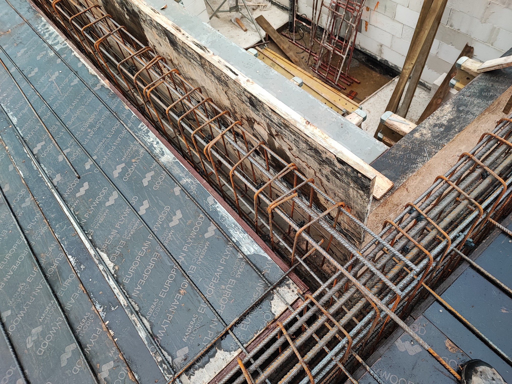 Zbrojenie stropu żelbetowego w deskowaniu z wodoodpornej sklejki, widoczne pręty zbrojeniowe spięte drutem, przygotowane do zalania betonem.