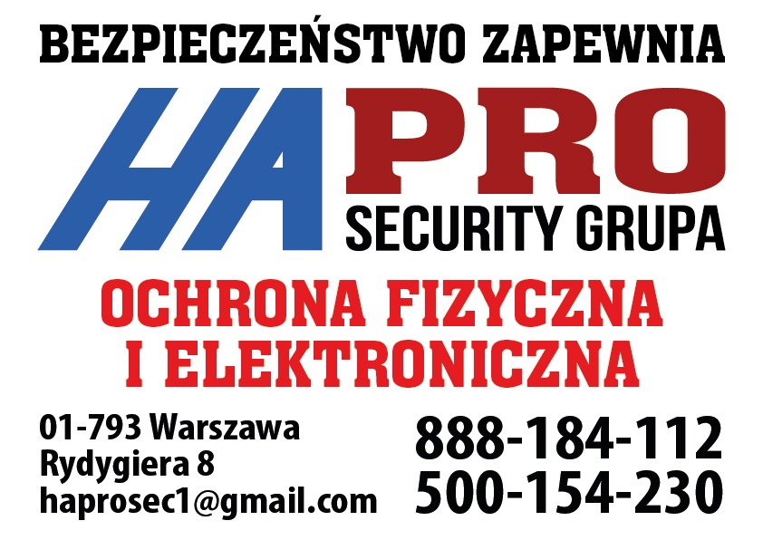 Logo firmy ochroniarskiej HA PRO Security Grupa z hasłem BEZPIECZEŃSTWO ZAPEWNIA, oferującej ochronę fizyczną i elektroniczną, z adresem w Warszawie i numerami telefonów.