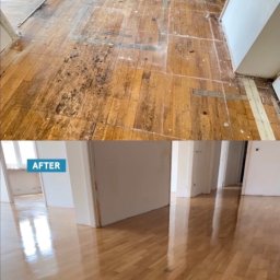 Project MasterWood Przemysław Bejmert - Porównanie stanu drewnianej podłogi w korytarzu przed i po renowacji; widoczne znaczne różnice w wyglądzie i połysku desek.