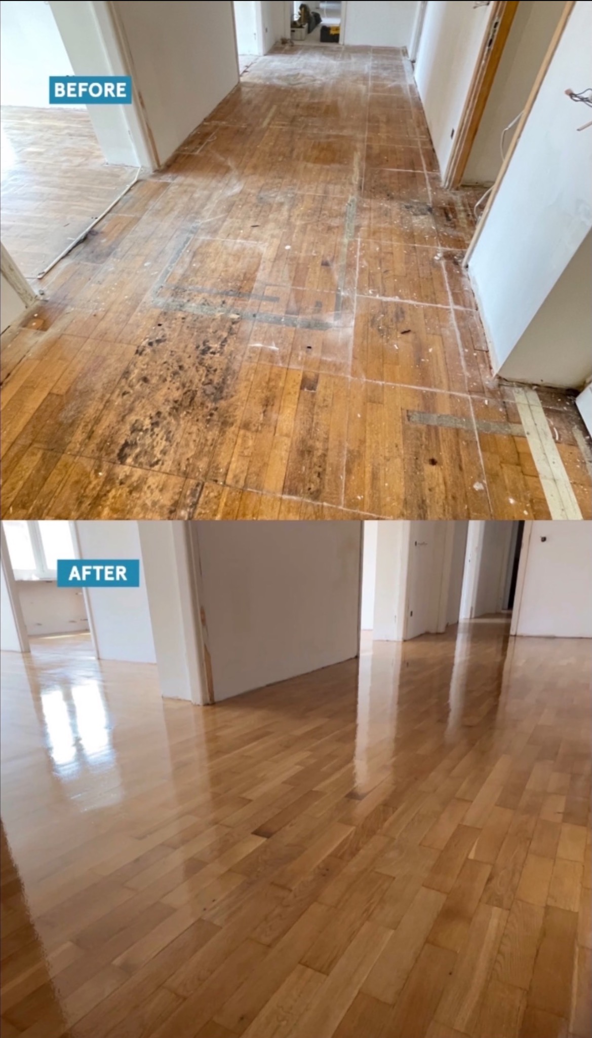 Porównanie stanu drewnianej podłogi w korytarzu przed i po renowacji; widoczne znaczne różnice w wyglądzie i połysku desek.