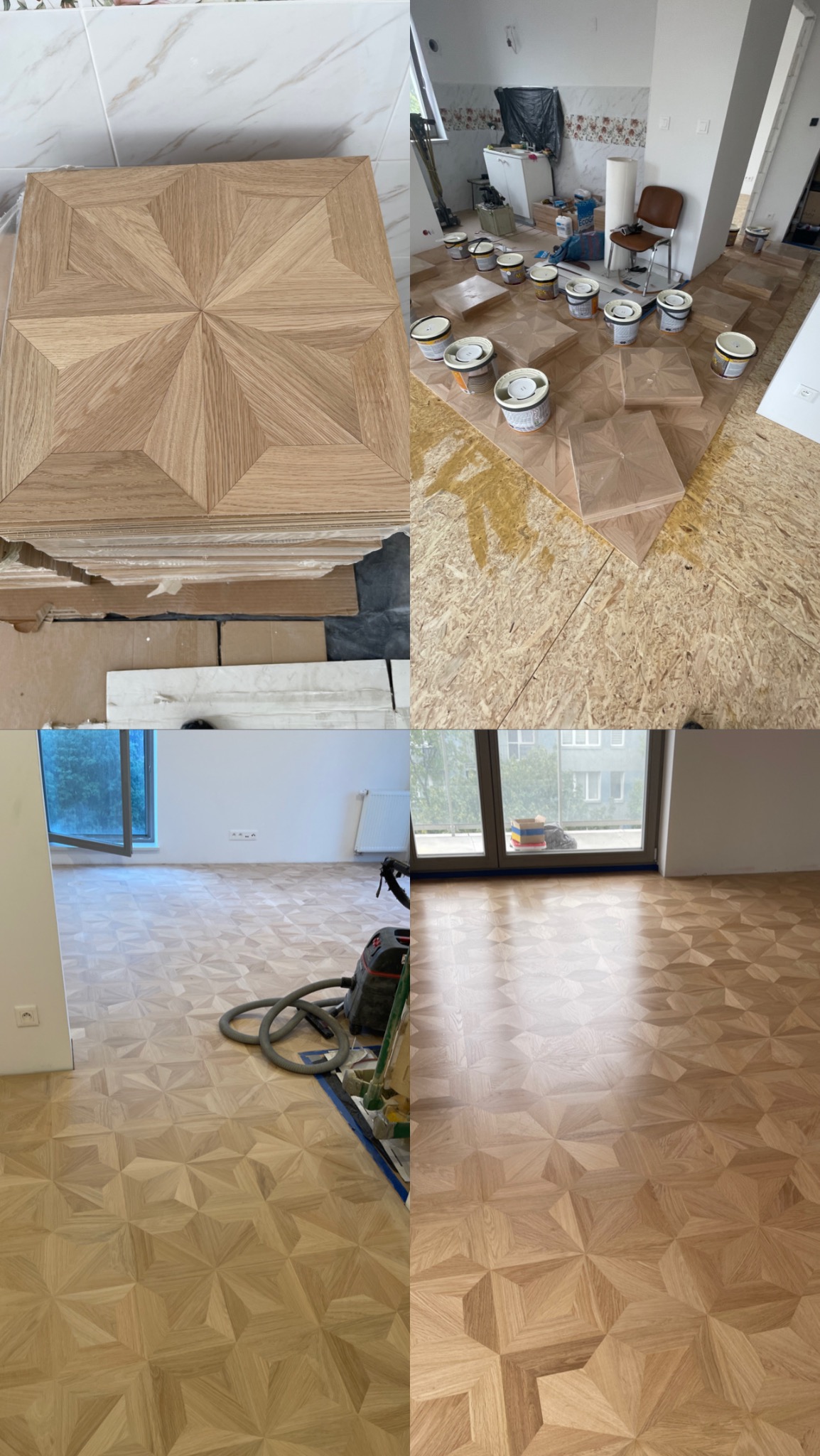 Układanie mozaiki dębowej: stos kwadratowych elementów parkietu z geometrycznym wzorem gwiazdy, puszki z lakierem dwuskładnikowym, fragment oszlifowanej podłogi oraz gotowa podłoga z widocznym...