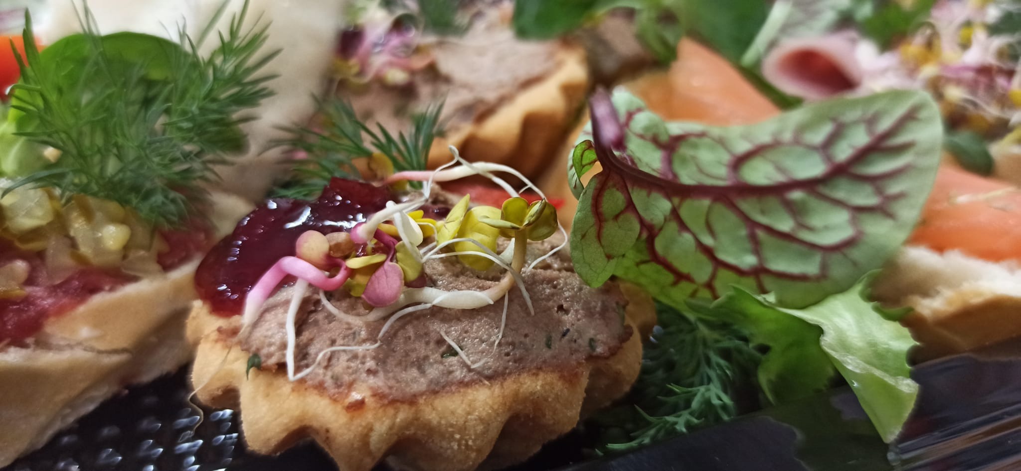 Delikatne tartaletki z pasztetem, żurawiną i kiełkami, udekorowane świeżym koperkiem i liśćmi sałaty, prezentowane na czarnym talerzu.