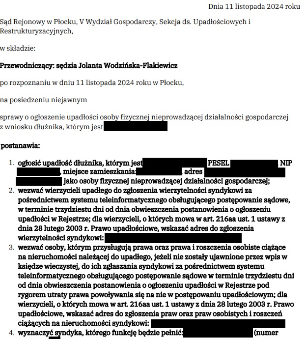 Dokument sądowy z nagłówkiem 'Sąd Rejonowy w Płocku' i datą 11 listopada 2024 roku, dotyczący ogłoszenia upadłości osoby fizycznej nieprowadzącej działalności gospodarczej, z częściowo...