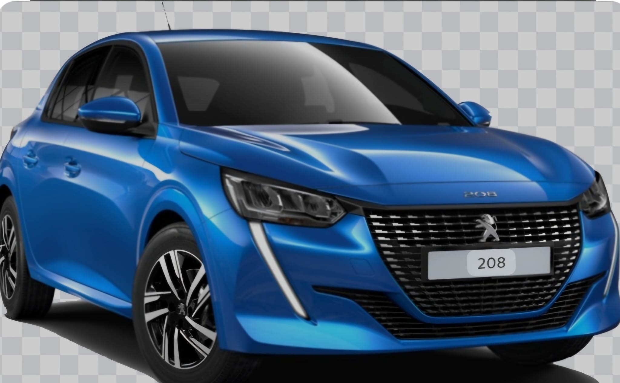 Niebieski samochód osobowy marki Peugeot 208, widok z przodu, na neutralnym tle.