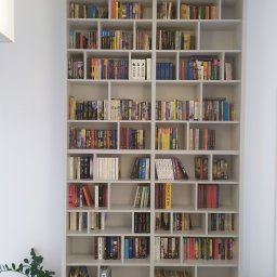 Pracownia Meblarska - Duża, biała, asymetryczna biblioteczka wypełniona książkami, z rośliną doniczkową u dołu po lewej stronie.