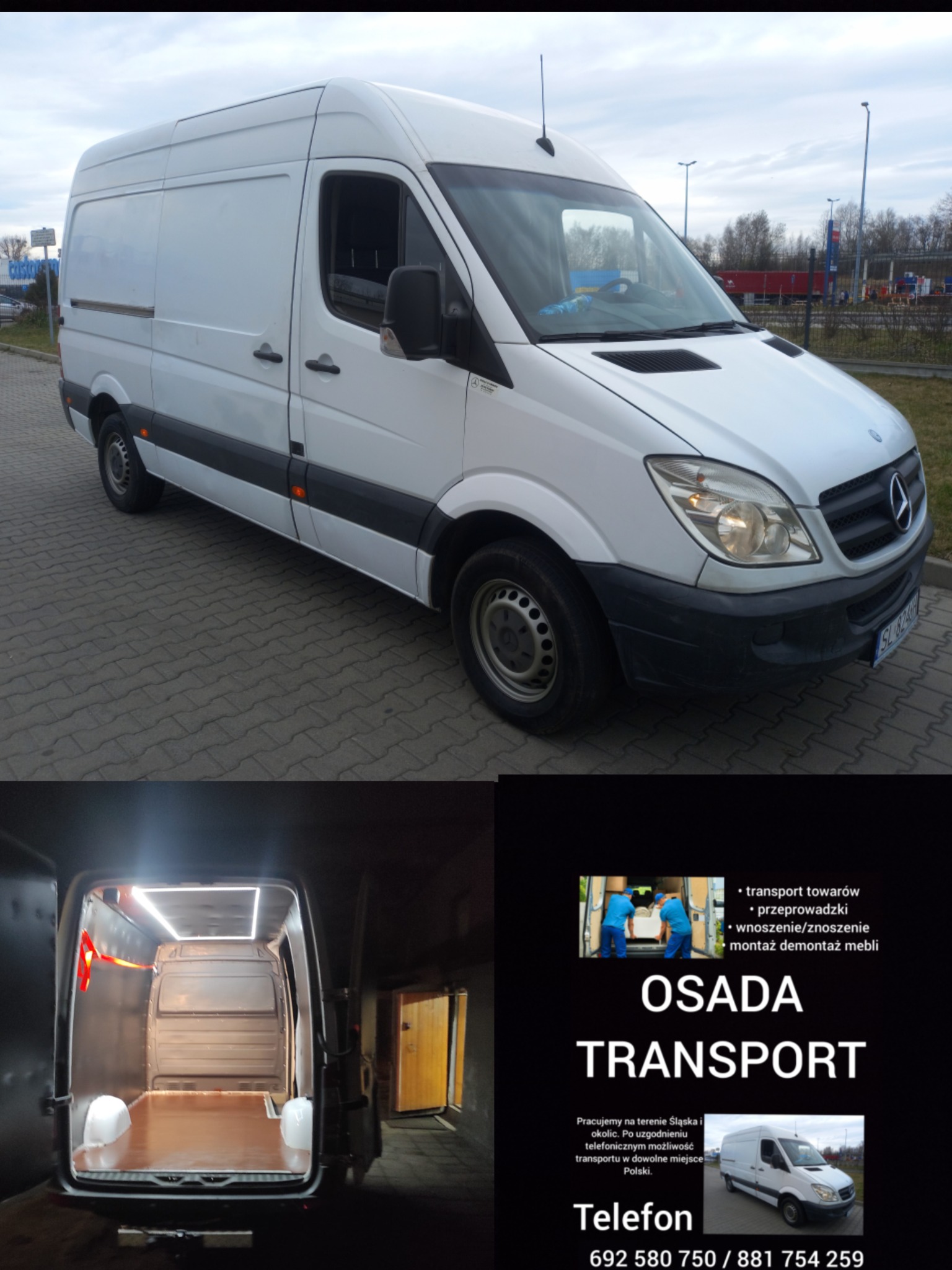 Biały samochód dostawczy Mercedes Sprinter na parkingu, widok z boku, z otwartymi tylnymi drzwiami prezentującymi oświetloną przestrzeń ładunkową z drewnianą podłogą; w tle ulotka reklamowa firmy...