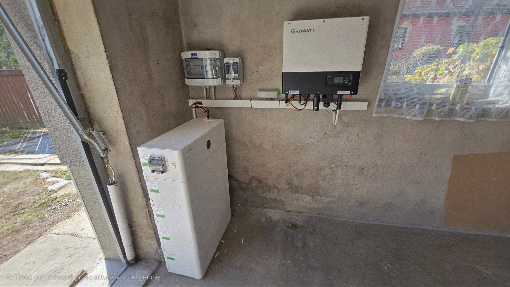 Zamontowany magazyn energii Growatt z falownikiem i zabezpieczeniami na szarej ścianie w garażu. Widoczne okno z siatką i fragment bramy garażowej.