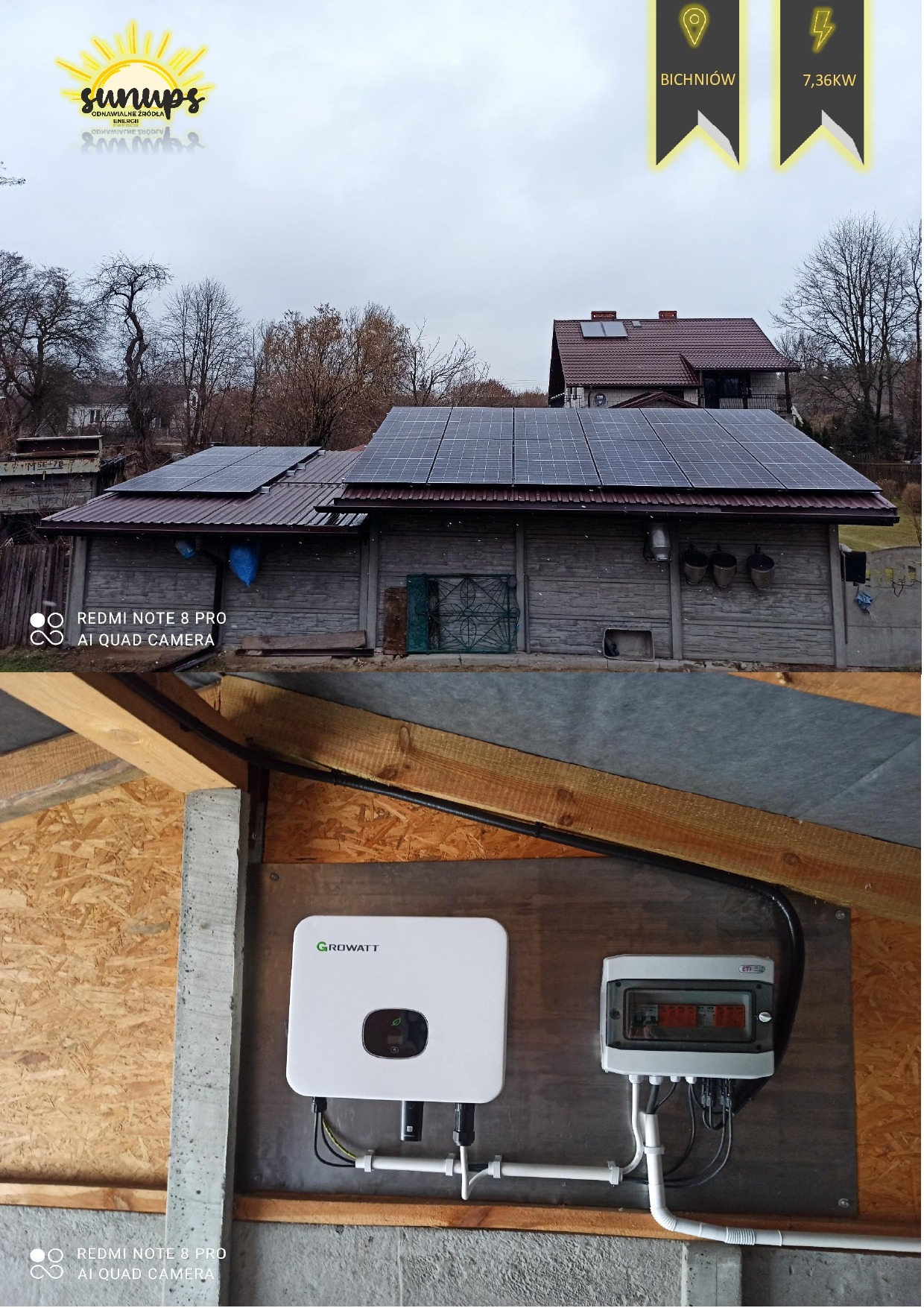 Instalacja paneli słonecznych na dachu budynku gospodarczego z widocznym inwerterem Growatt i skrzynką rozdzielczą wewnątrz, z logo firmy w rogu.