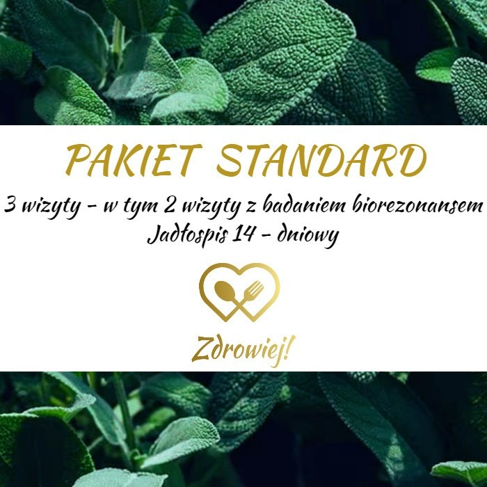 Grafika informująca o pakiecie standard: 3 wizyty, w tym 2 z badaniem biorezonansem oraz jadłospis 14-dniowy, otoczona liśćmi szałwii.