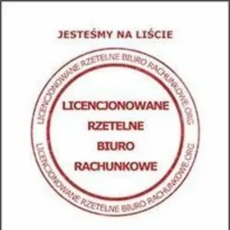Okrągła pieczęć z napisem 'Licencjonowane Rzetelne Biuro Rachunkowe' oraz hasłem 'Jesteśmy na liście'.