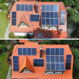 BOLAN ALAN BORGULA - Porównanie dachu z panelami słonecznymi przed i po czyszczeniu, widok z góry ukazuje efekt pracy na pomarańczowej dachówce.
