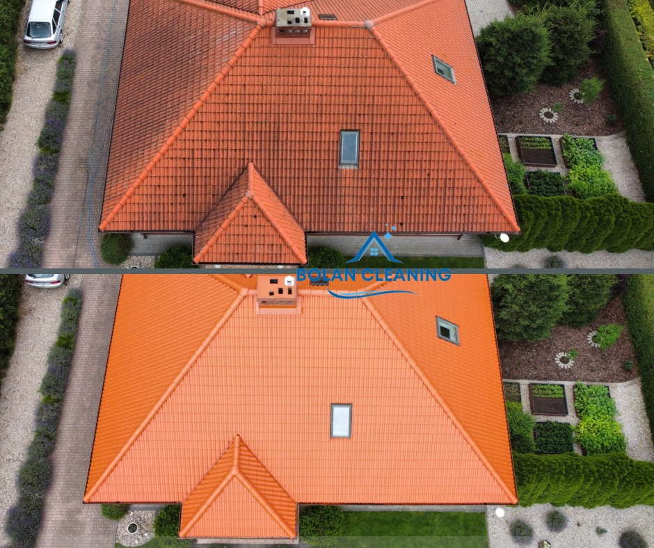 Porównanie dachu z dachówki ceramicznej przed i po czyszczeniu, widok z góry ukazuje wyraźną różnicę w kolorze i usunięcie zabrudzeń.