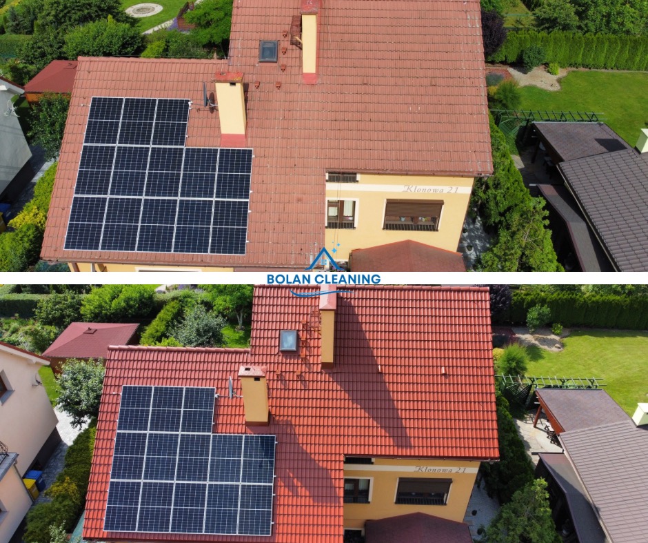 Porównanie dachu przed i po czyszczeniu z widocznymi panelami słonecznymi, ujęcie z góry, widoczny adres 'Klonowa 21'.
