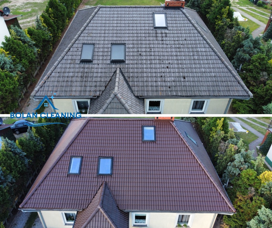 Porównanie dachu przed i po czyszczeniu, widoczne różnice w kolorze i czystości dachówki, ujęcie z góry, otoczenie zieleni.