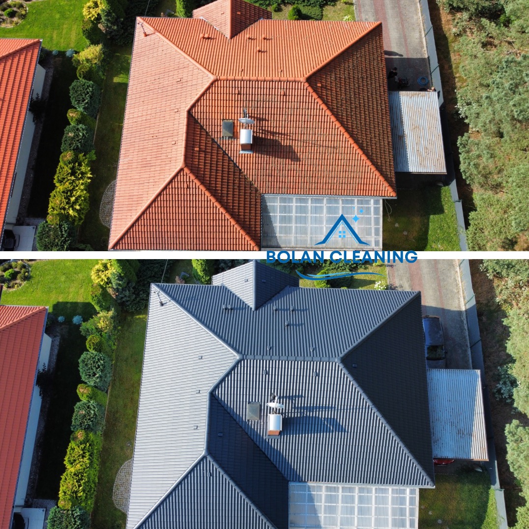 Porównanie dachu przed i po: górna część z czerwoną dachówką, dolna część z szarą dachówką, widok z góry.