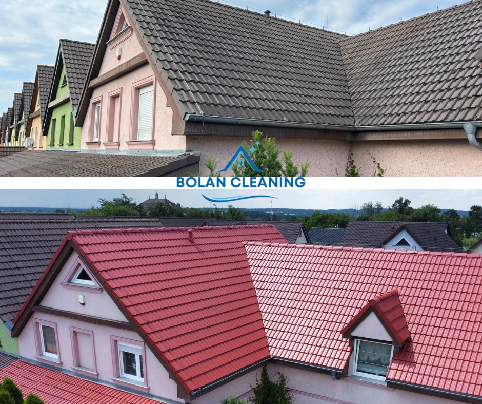 Porównanie dachu przed i po: górna część pokryta ciemnym nalotem, dolna część z nową, czerwoną dachówką, widoczne okna dachowe i elewacja budynku w pastelowych kolorach.