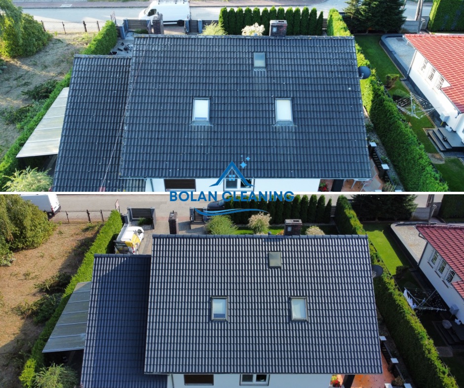 Porównanie dachu przed i po czyszczeniu, widok z góry ukazuje różnicę w odcieniu i czystości ciemnej dachówki, otoczenie domu z zadbanym ogrodem.