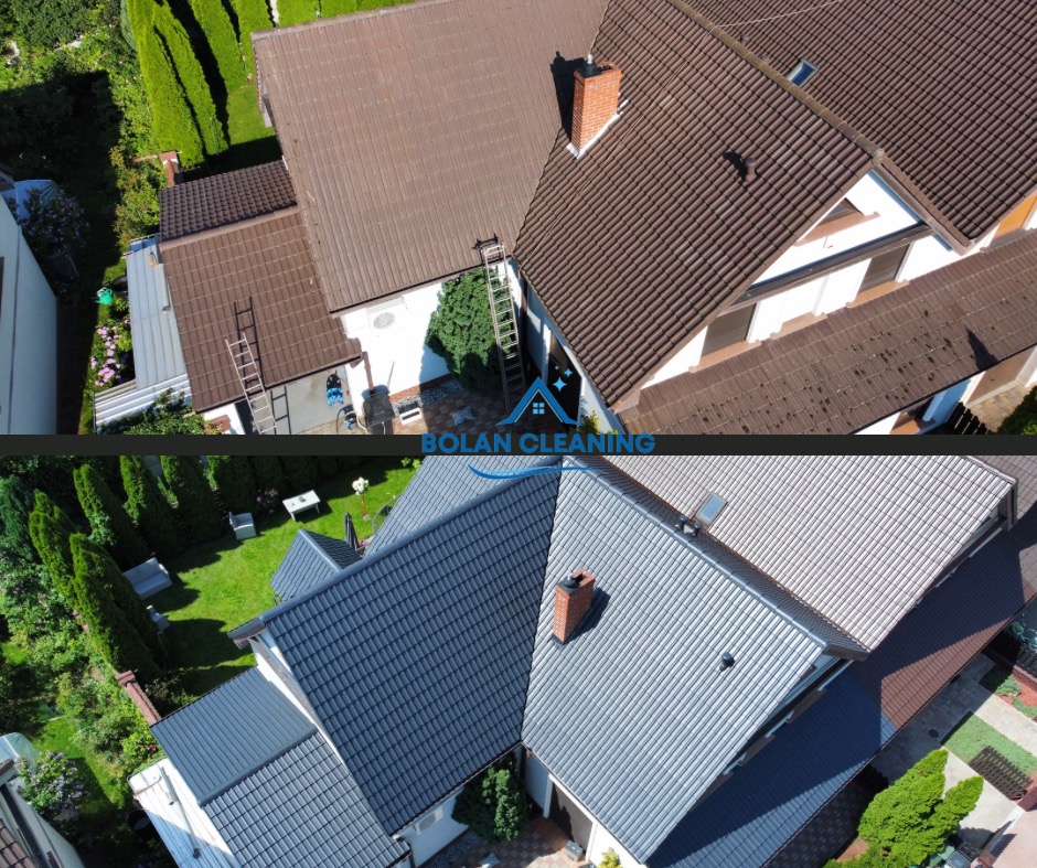Porównanie dachu przed i po czyszczeniu, widok z góry ukazuje różnicę w kolorze i czystości dachówki.
