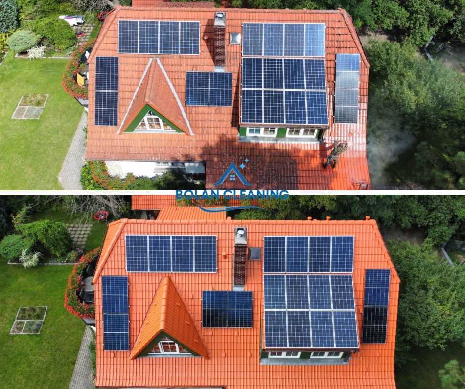 Porównanie dachu z panelami słonecznymi przed i po czyszczeniu, widok z góry ukazuje efekt pracy na pomarańczowej dachówce.