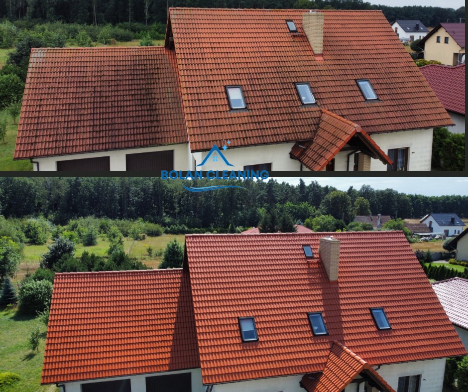 Porównanie dachu przed i po czyszczeniu, widoczne wyraźne różnice w kolorze i czystości dachówki, dom jednorodzinny otoczony zielenią.