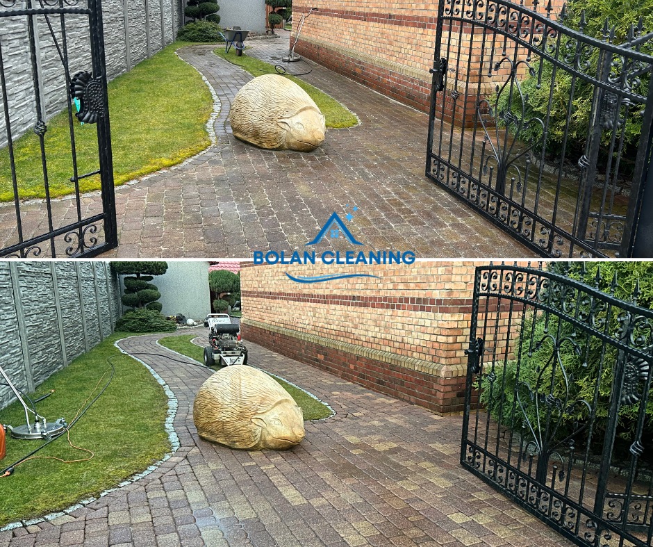 Czysta kostka brukowa po umyciu, widoczna rzeźba jeża, brama z kutego żelaza i ślady wilgoci po czyszczeniu.