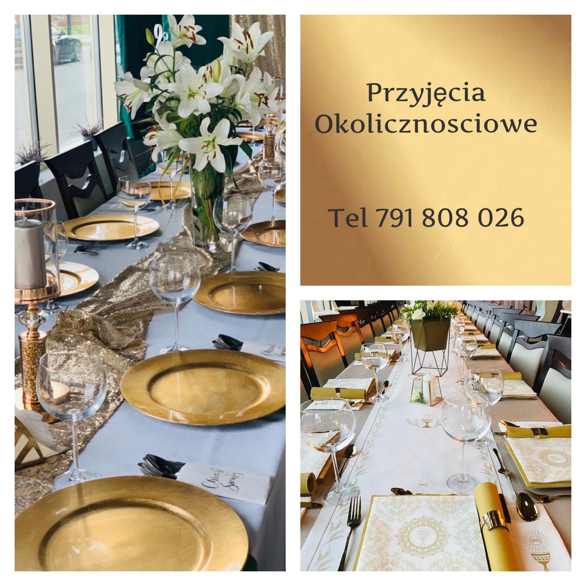 Elegancko nakryty stół z złotymi talerzami i dekoracjami, bukiet białych lilii w wazonie, w tle okno i fragment reklamy z napisem 'Przyjęcia Okolicznościowe' i numerem telefonu.