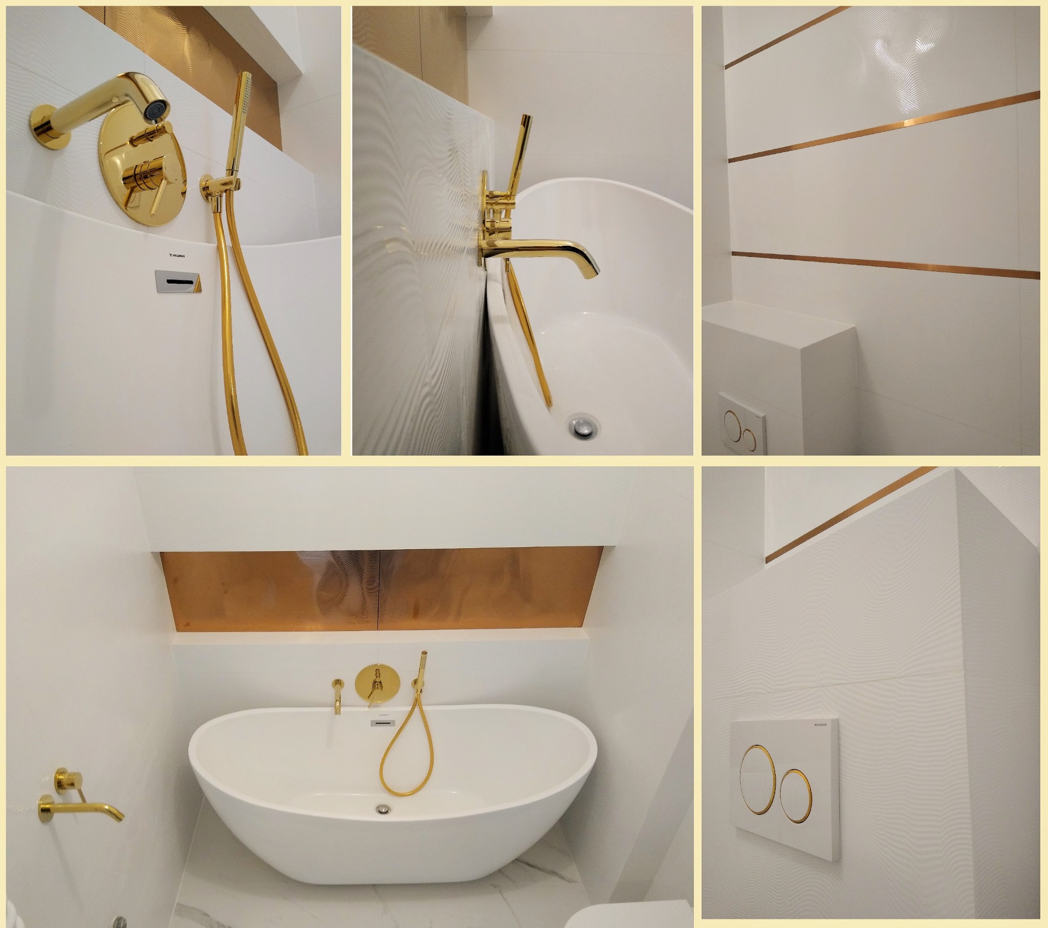 Nowoczesna łazienka z białą wanną wolnostojącą, złotą armaturą i dekoracyjnymi białymi płytkami z poziomymi, złotymi paskami.