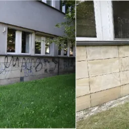 Porównanie stanu elewacji z kamienia piaskowca przed i po usunięciu graffiti. Po lewej stronie ściana z czarnymi napisami, po prawej oczyszczona powierzchnia z widocznymi śladami po czyszczeniu.