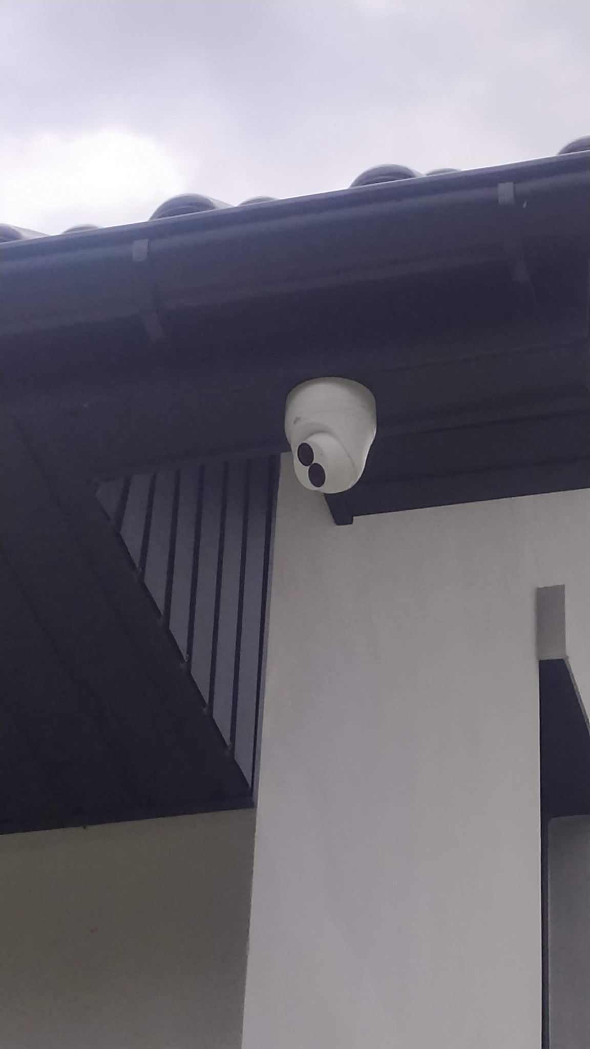 Kamera monitoringu kopułkowa zamontowana pod okapem budynku, widoczne dwa obiektywy, pochmurne niebo w tle.