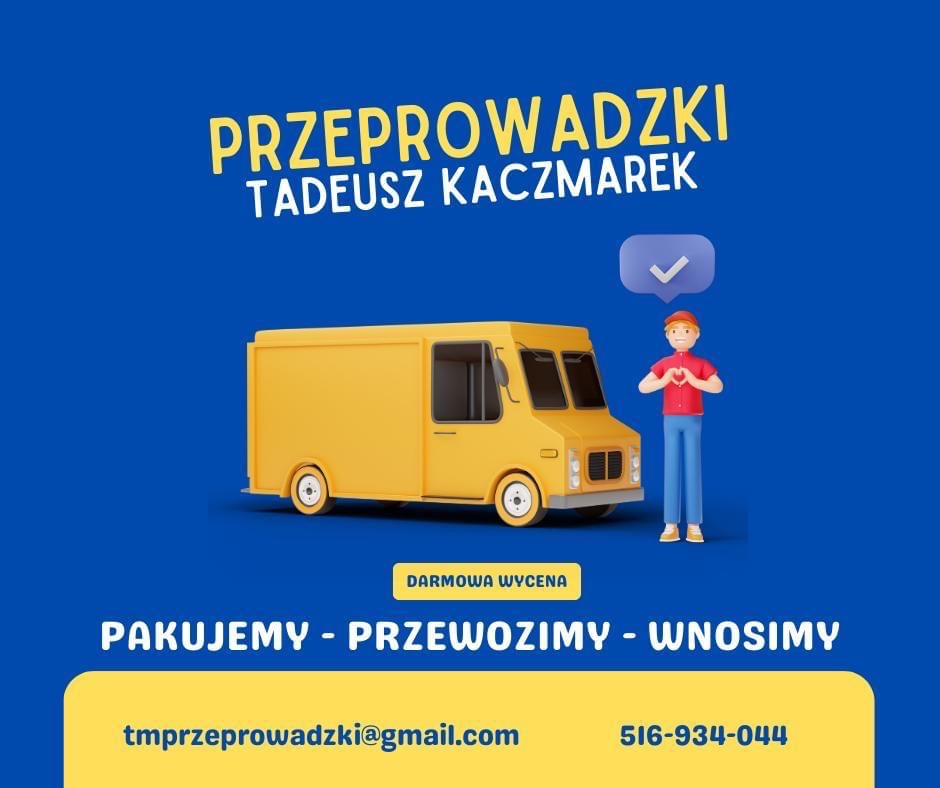 Grafika reklamowa firmy Tadeusza Kaczmarka oferującej usługi transportowe: żółty bus, postać z rąk układa serce, darmowa wycena, pakowanie, przewóz, wnoszenie, adres email i numer telefonu...
