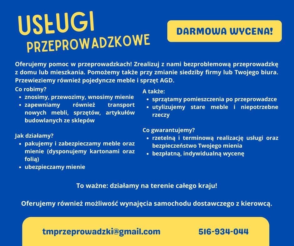 Grafika reklamowa firmy oferującej usługi przeprowadzkowe, z informacją o darmowej wycenie, transporcie mebli i AGD, pakowaniu, ubezpieczeniu mienia oraz sprzątaniu po przeprowadzce. Zawiera adres...