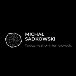 Logo firmy Michał Sadkowski z geometrycznym symbolem i tekstem 'Tworzenie stron internetowych' na czarnym tle.