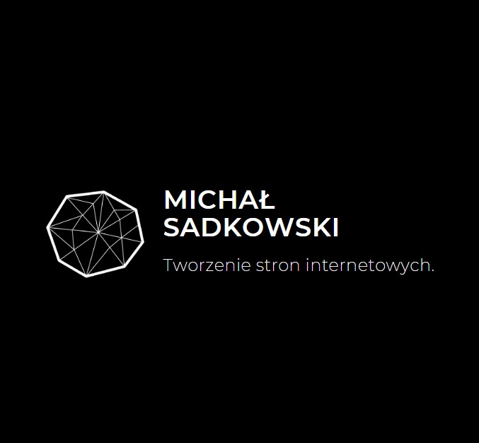Logo firmy Michał Sadkowski z geometrycznym symbolem i tekstem 'Tworzenie stron internetowych' na czarnym tle.