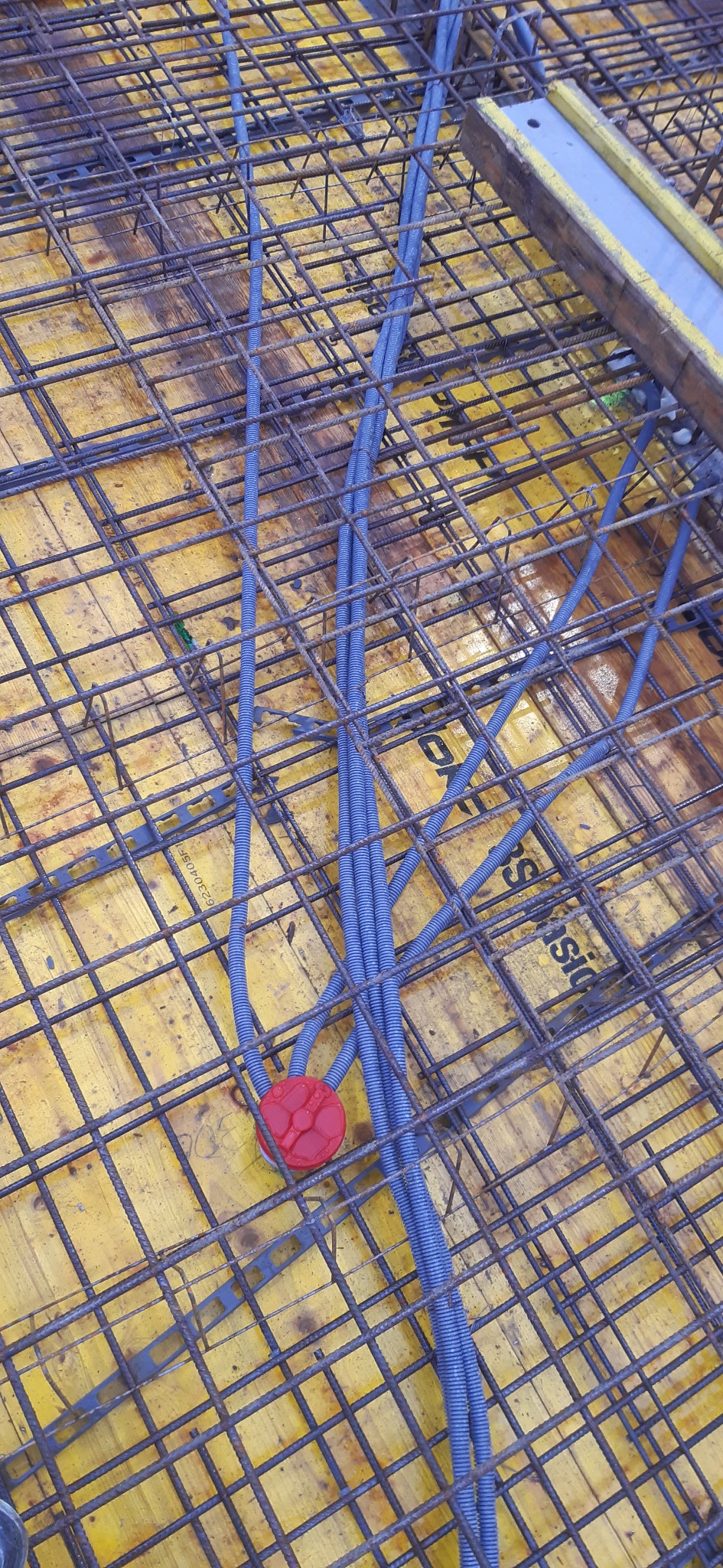 Niebieskie rury karbowane ułożone w siatce z prętów zbrojeniowych na żółtej płycie szalunkowej, zabezpieczone czerwoną puszką instalacyjną.