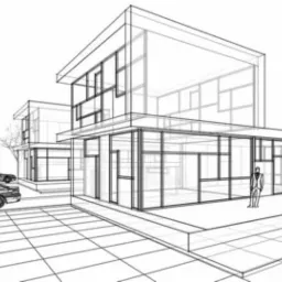 Szkic architektoniczny dwóch nowoczesnych domów z dużymi oknami, samochodami i drzewami na posesji, przedstawiony w czerni i bieli.