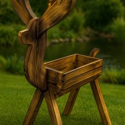 Centrum Drzewne Drewienko - Dekoracyjny, drewniany kwietnik w kształcie renifera z Błudowa. Ręcznie robiony, opalany, z widoczną strukturą drewna. Tło: zielona trawa i zieleń.