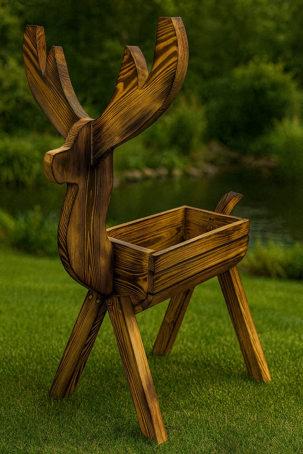 Dekoracyjny, drewniany kwietnik w kształcie renifera z Błudowa. Ręcznie robiony, opalany, z widoczną strukturą drewna. Tło: zielona trawa i zieleń.