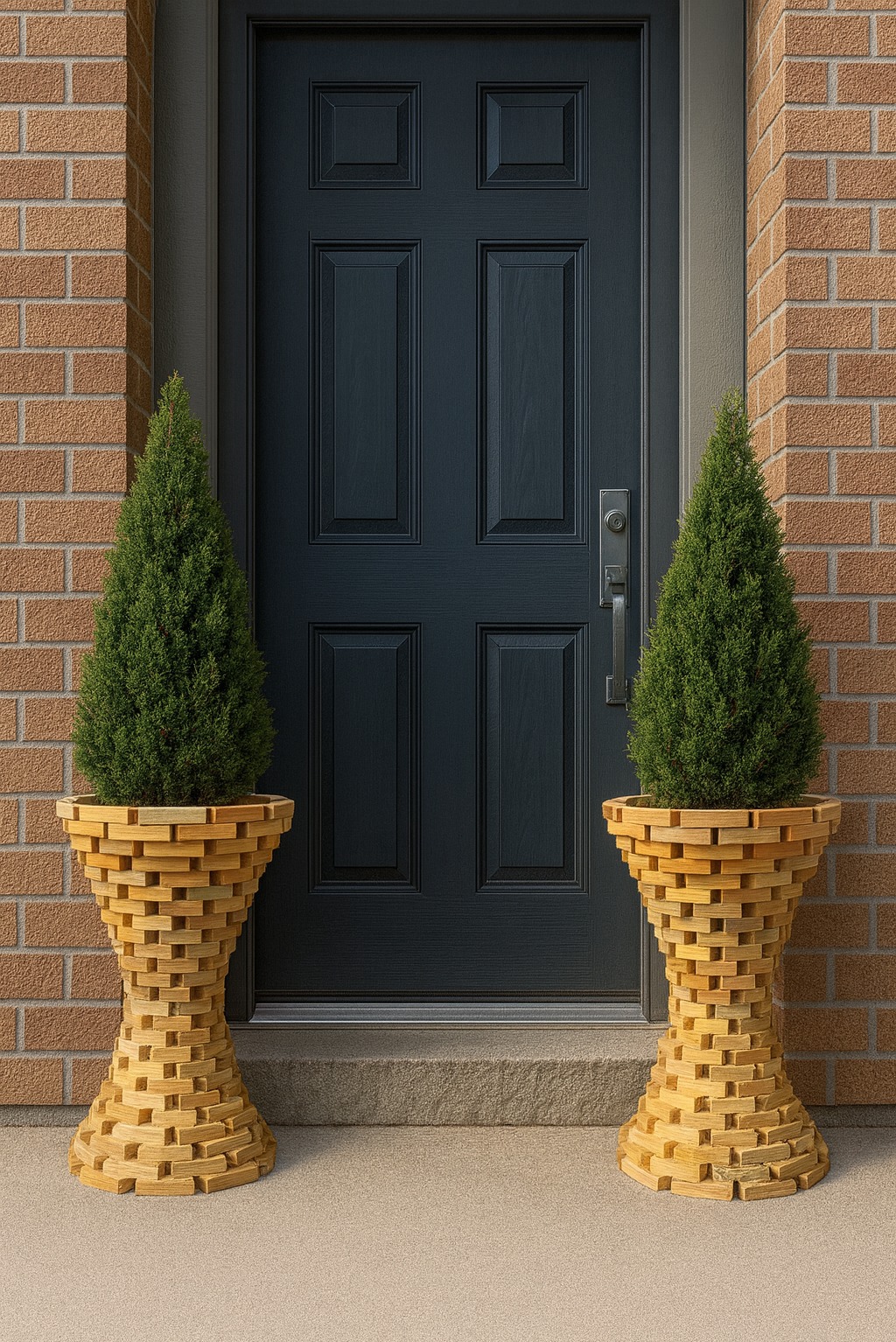 Wejście do domu z czarnymi drzwiami, flankowane przez dwa unikalne, drewniane kwietniki z zielonymi krzewami, na tle ceglanej ściany.