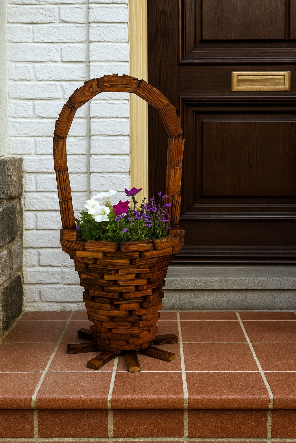 Ręcznie robiony, drewniany kosz z kwiatami na brązowych płytkach przed drzwiami. Kosz wykonany z krótkich, drewnianych elementów. Biała ceglana ściana w tle.