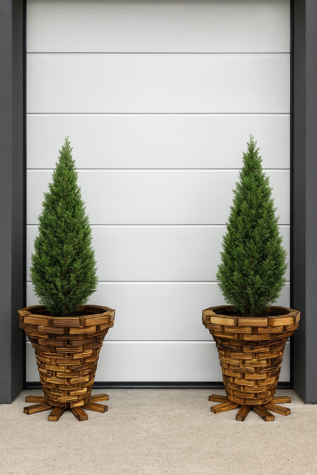 Dwa identyczne, małe drzewka iglaste w plecionych, drewnianych donicach, ustawione symetrycznie na tle białej bramy garażowej i szarej ściany.